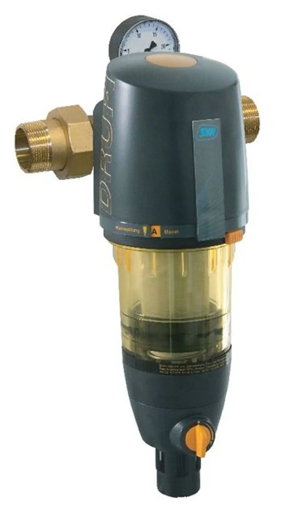 Rückspülfilter von Syr in kompakter Bauweise mit transparentem Behälter, Druckanzeige und Drosselventil zur Regelung des Wasserflusses.